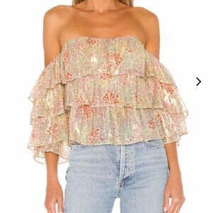Lovers + Friends Ocean Eyes Gold Floral Metallic Off the Shoulder Top Size XS